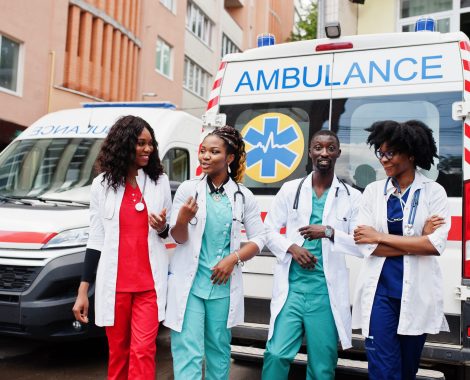 Group of african paramedic ambulance emergency crew doctors.